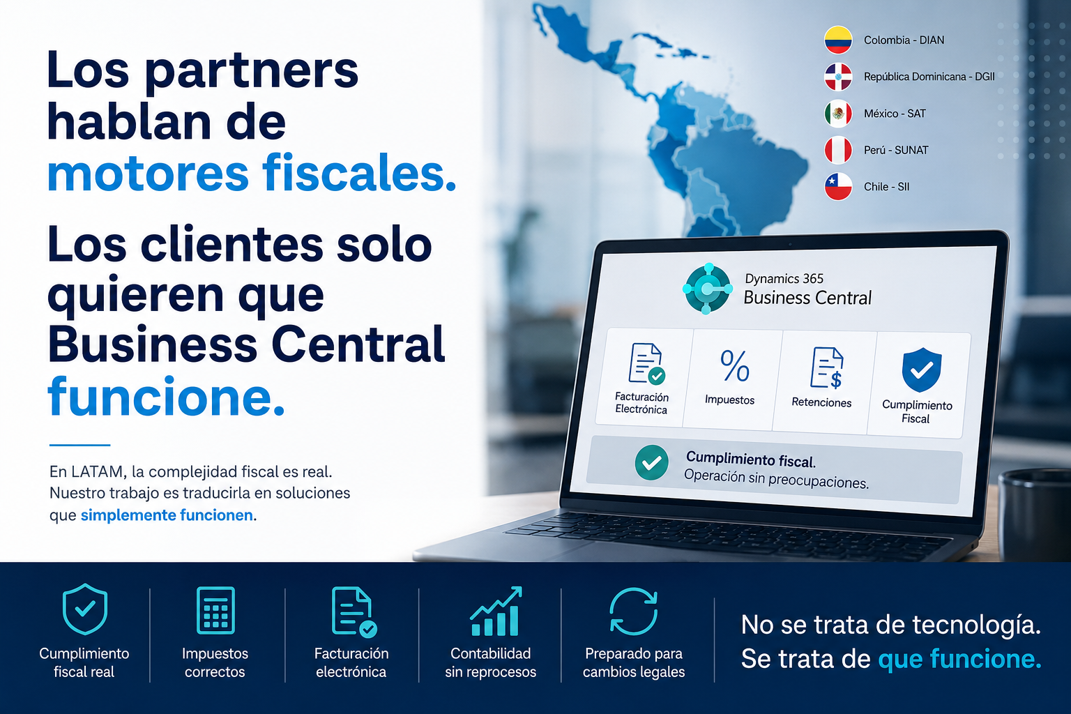 Microsoft Dynamics 365 Business Central LATAM arquitectura fiscal impuestos retenciones facturación electrónica